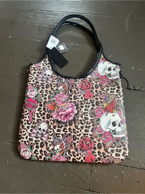 Ed Hardy Leopard Tattoo Skull Rose Tote in Black, Pink, Red, White